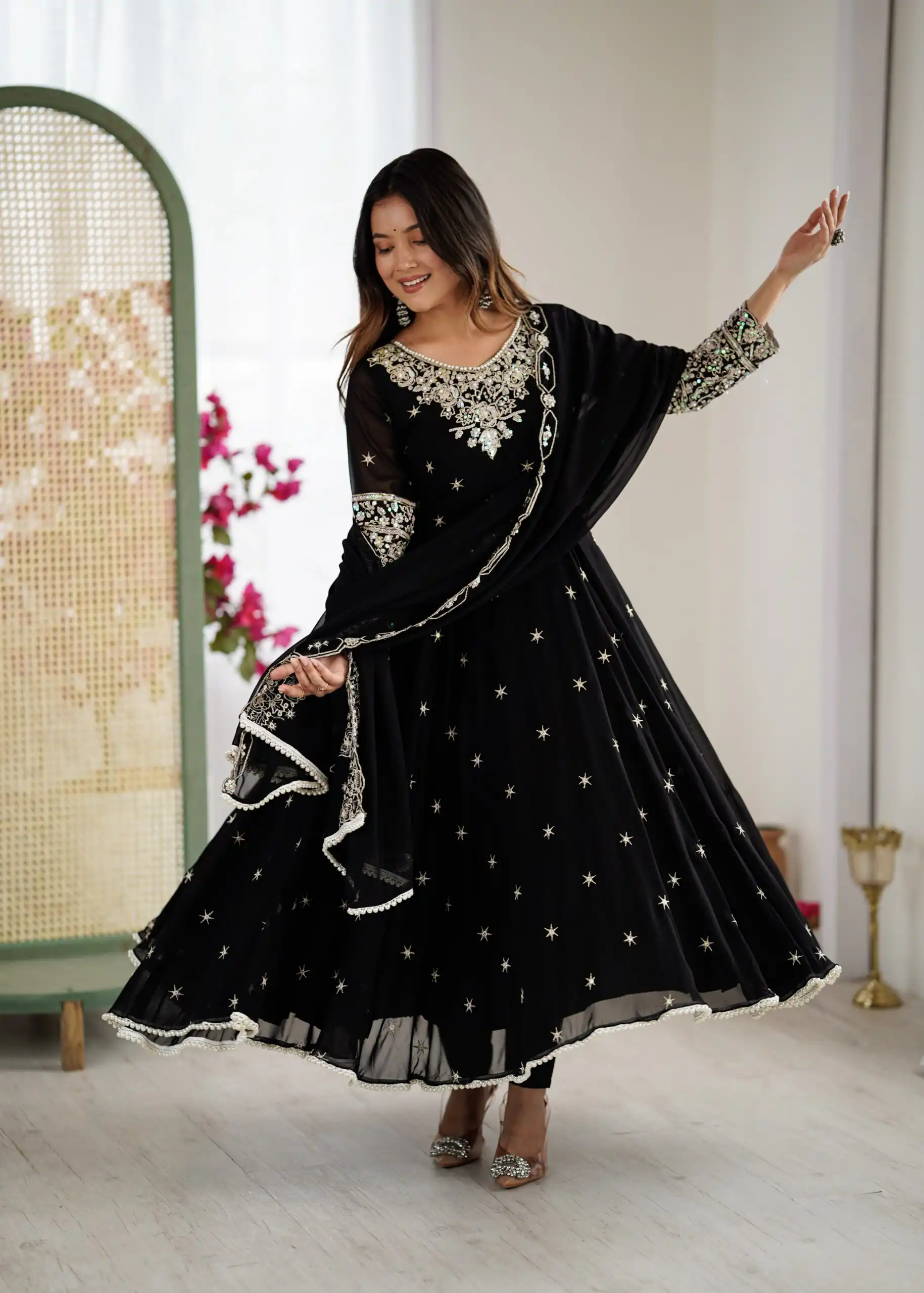 ZF 5012 Black Blooming Faux Gown with Embroidery Work. Wedding, Party, Festive, Events Grab it for ₹2149. Delivery 4-6 Working Days. Shop now. | Anarkali Suits, Bollywood Anarkali, Creative-Anarkali, Designer Anarkali, Embroidered Anarkali, Party Wear Anarkali