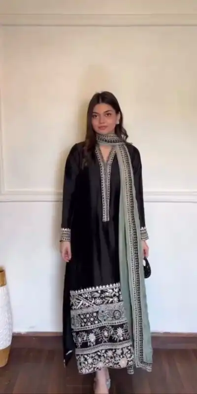 KD 1632 Black | Glass Salwar Suit with Thread Embroidery & Embroidery Work. Get it for ₹2449. Delivery 4-6 Working Days. Shop now. | Jump Suits, Salwar suit, Casual Suits, Creative suits, Designer Suits, Palazzo Suits, Party Wear Suits, Patiala Suits, Straight Suits