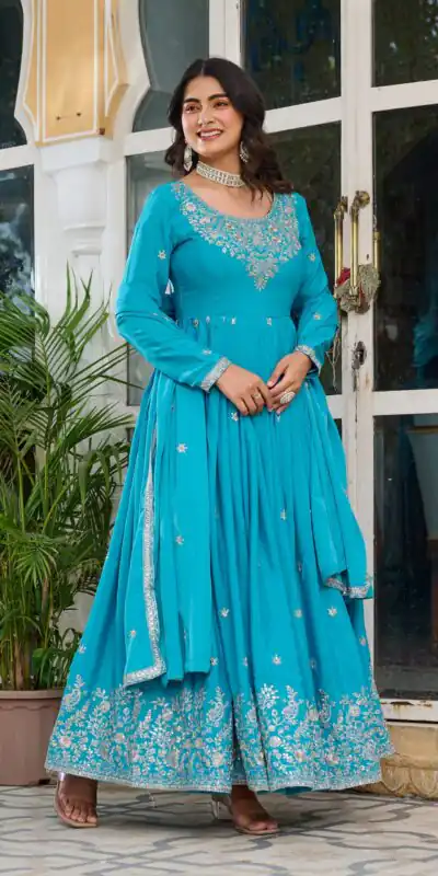 SP 08 Blue Color American Silk Gown with Designer Work. Exclusive Offer βΉ2149. Delivery 4-6 Working Days. Online Shop now. | Gowns, Bollywood Gowns, Creative Gowns, Designer Gowns, Embroidered Gowns, Party Wear Gowns