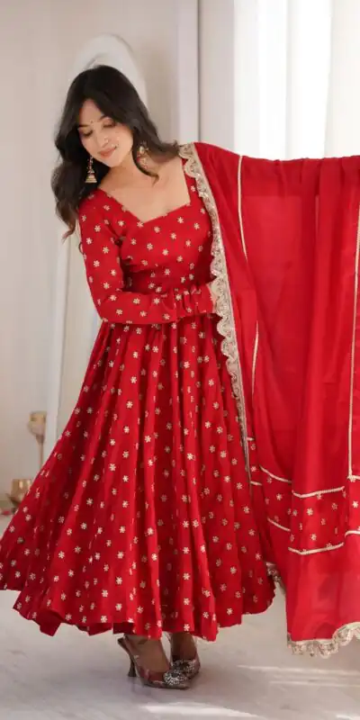 KD 1630 Red Zari Work & Embroidery Work Salwar Suit in Red Chinon Silk. Grab it for βΉ2499. Delivery 4-6 Working Days. Shop now. | Anarkali Suits, Bollywood Anarkali, Creative-Anarkali, Designer Anarkali, Embroidered Anarkali, Party Wear Anarkali, Salwar suit