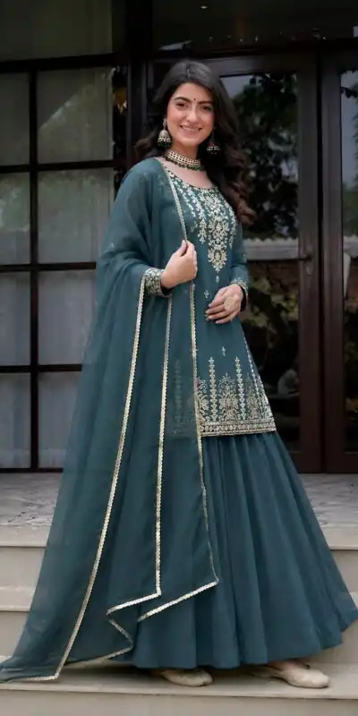 MD 3101 Teal Roman Cotton Lehenga Choli. Perfect for Wedding, Party, Makar Sankranti, Pooja, Anniversary β Grab it for βΉ2099. Delivery 4-6 Working Day | Lehenga, Bollywood Lehenga, Creative Lehenga, Designer Lehenga, Embroidered Lehenga, Party Wear Lehenga
