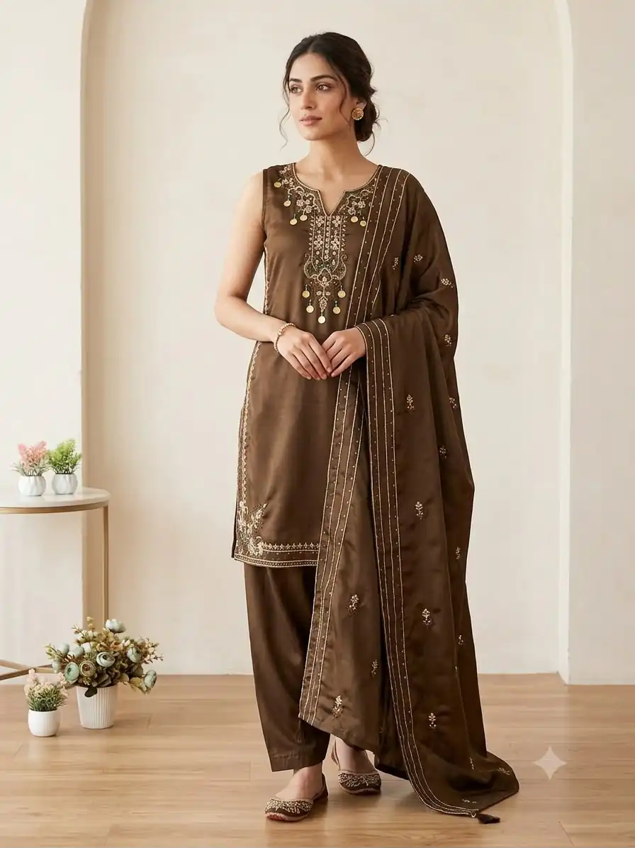 LG 2126 Brown Cos Moss Salwar Suit with Embroidery Work & Sequins Work. Affordable Price ₹2149. Delivery 4-6 Working Days. Shop now. | Jump Suits, Salwar suit, Casual Suits, Creative suits, Designer Suits, Palazzo Suits, Party Wear Suits, Patiala Suits, Straight Suits
