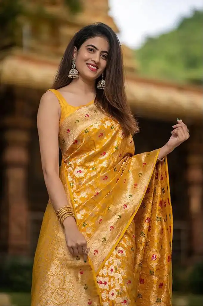 Fantastic Yellow Soft Lichi Silk Lace Work Saree - Image 7