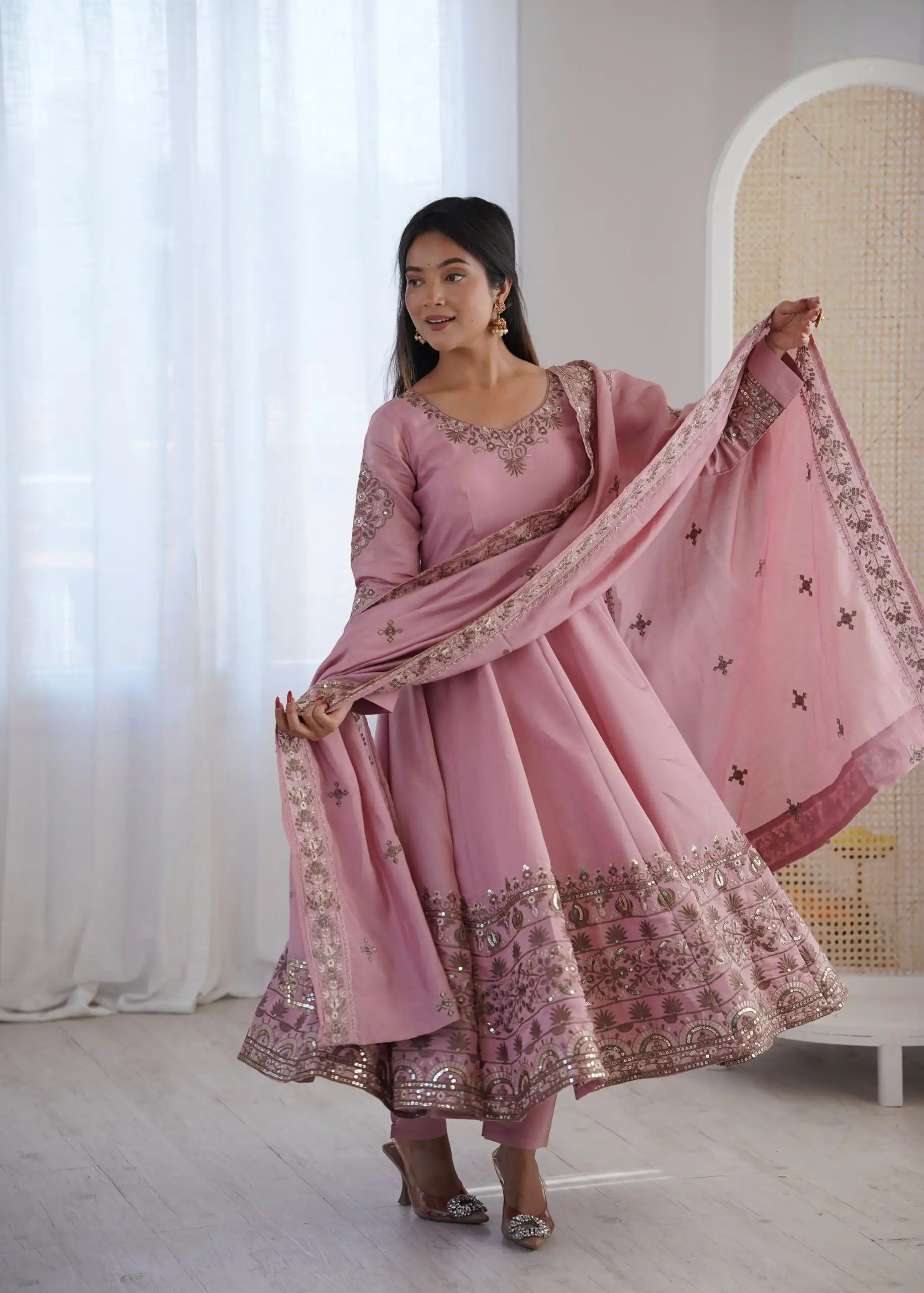 Nice Dusty Pink Roman Silk Embroidery Work Gown - Image 2