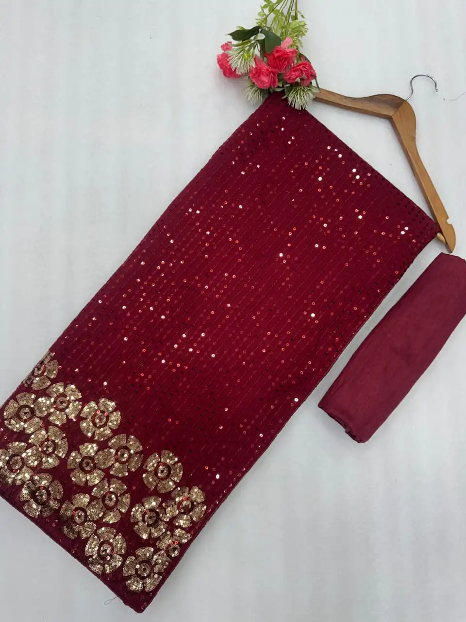 Pretty Maroon Faux Georgette Sequins Work Saree - Image 2