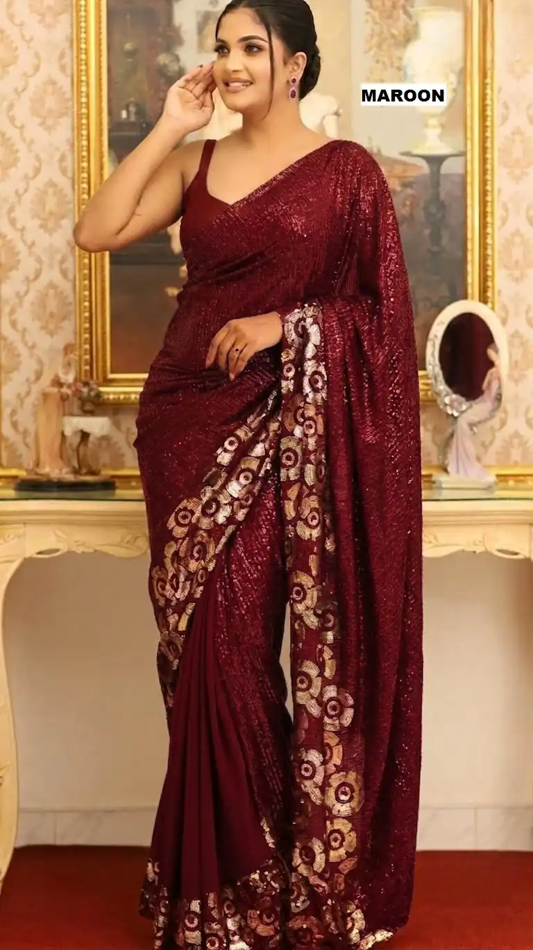 Pretty Maroon Faux Georgette Sequins Work Saree