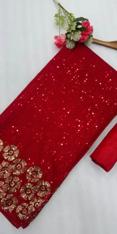 Alternative view of Pretty Red Faux Georgette Sequins Work Saree