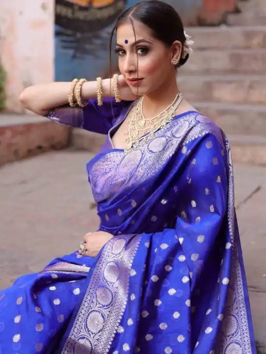 Shiny Blue Soft Lichi Silk Jacquard Lace Work Saree - Image 3