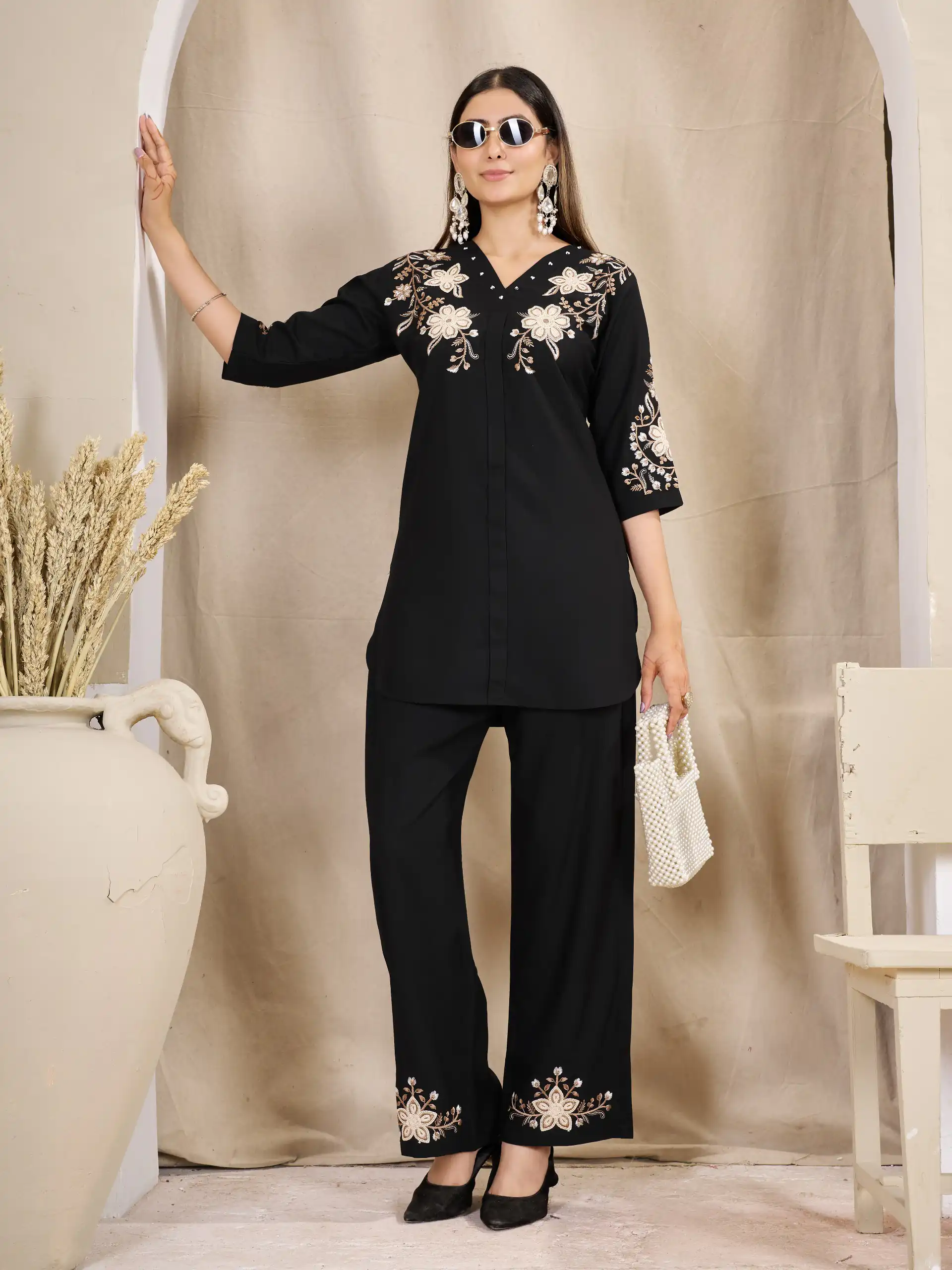 Stylist Black Rayon Cotton Thread Work Kurti