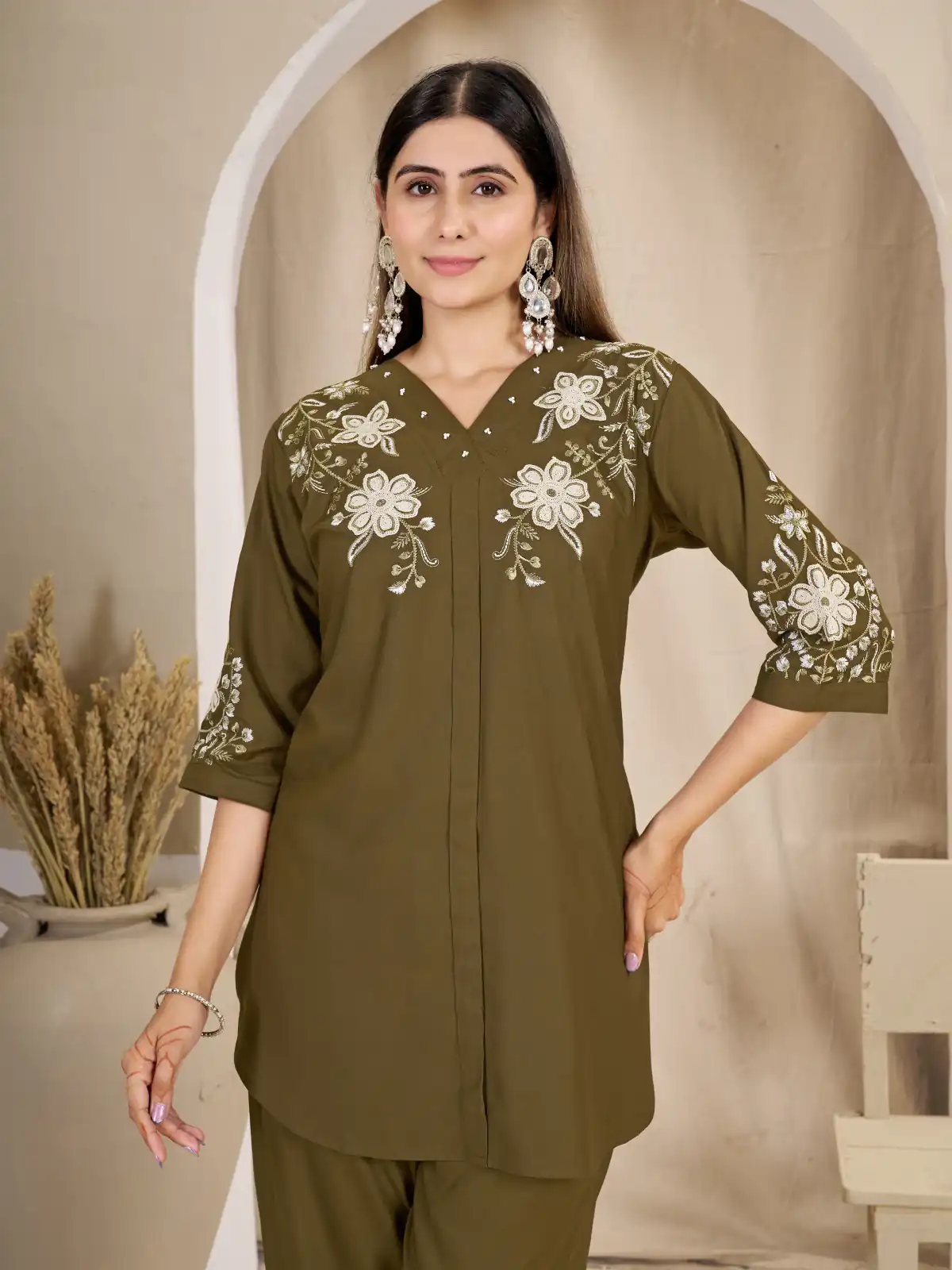 Stylist Brown Rayon Cotton Thread Work Kurti - Image 2