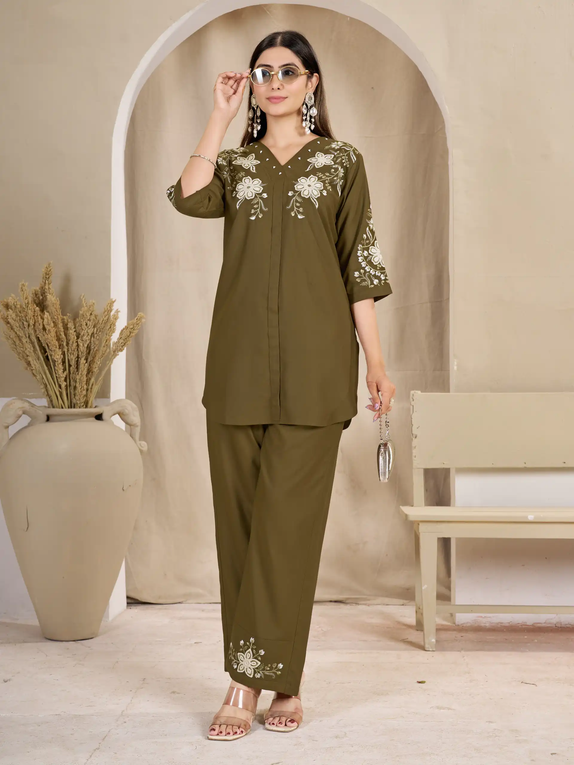 Stylist Brown Rayon Cotton Thread Work Kurti