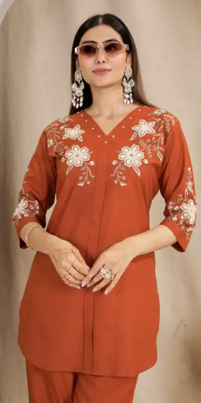 Alternative view of Stylist Orange Rayon Cotton Thread Work Kurti