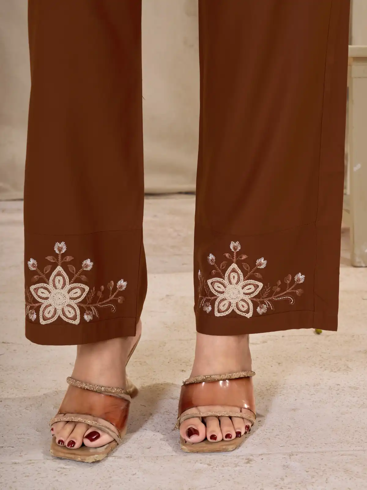 Stylist Rust Rayon Cotton Thread Work Kurti - Image 4