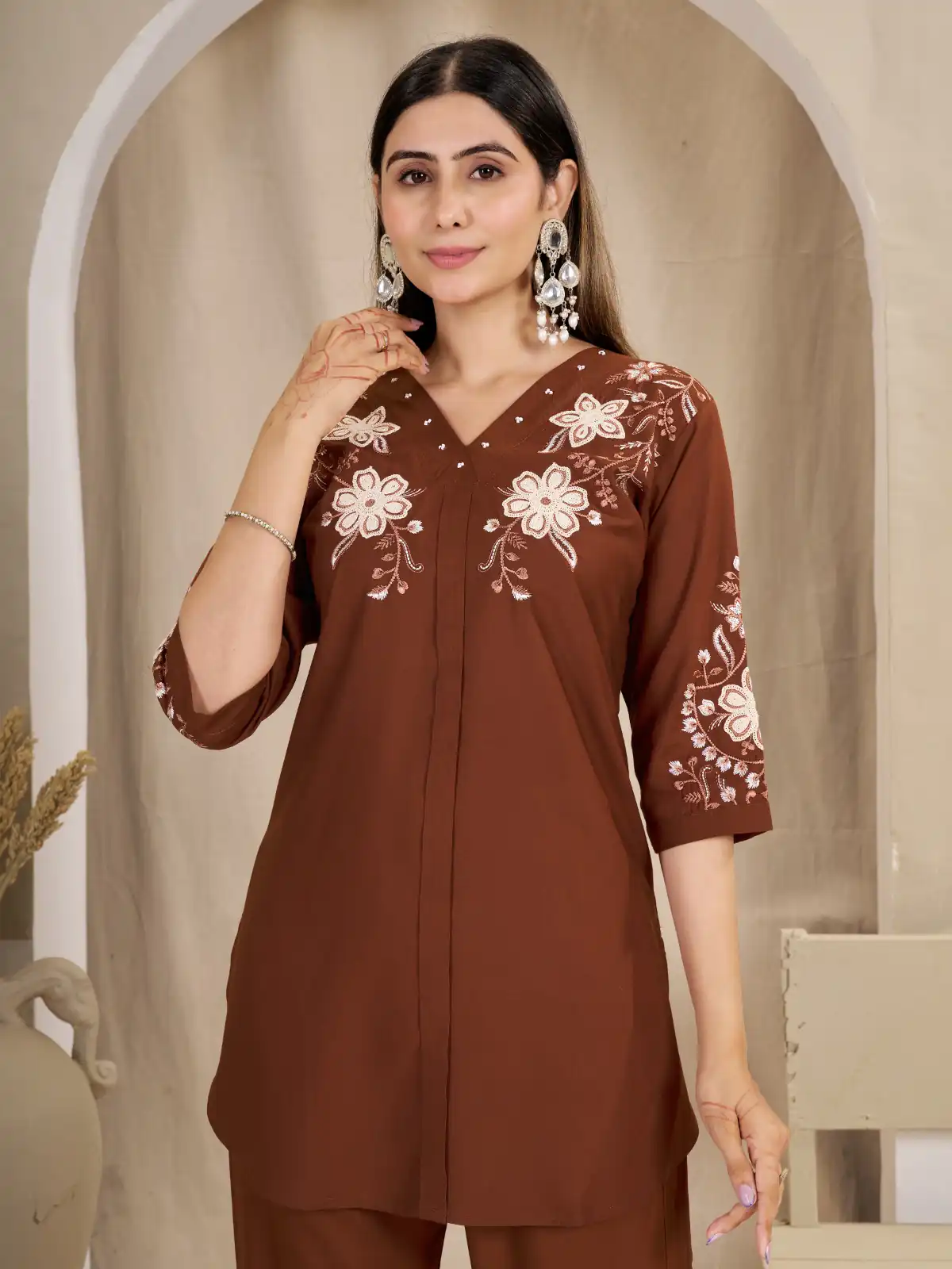 Stylist Rust Rayon Cotton Thread Work Kurti - Image 2