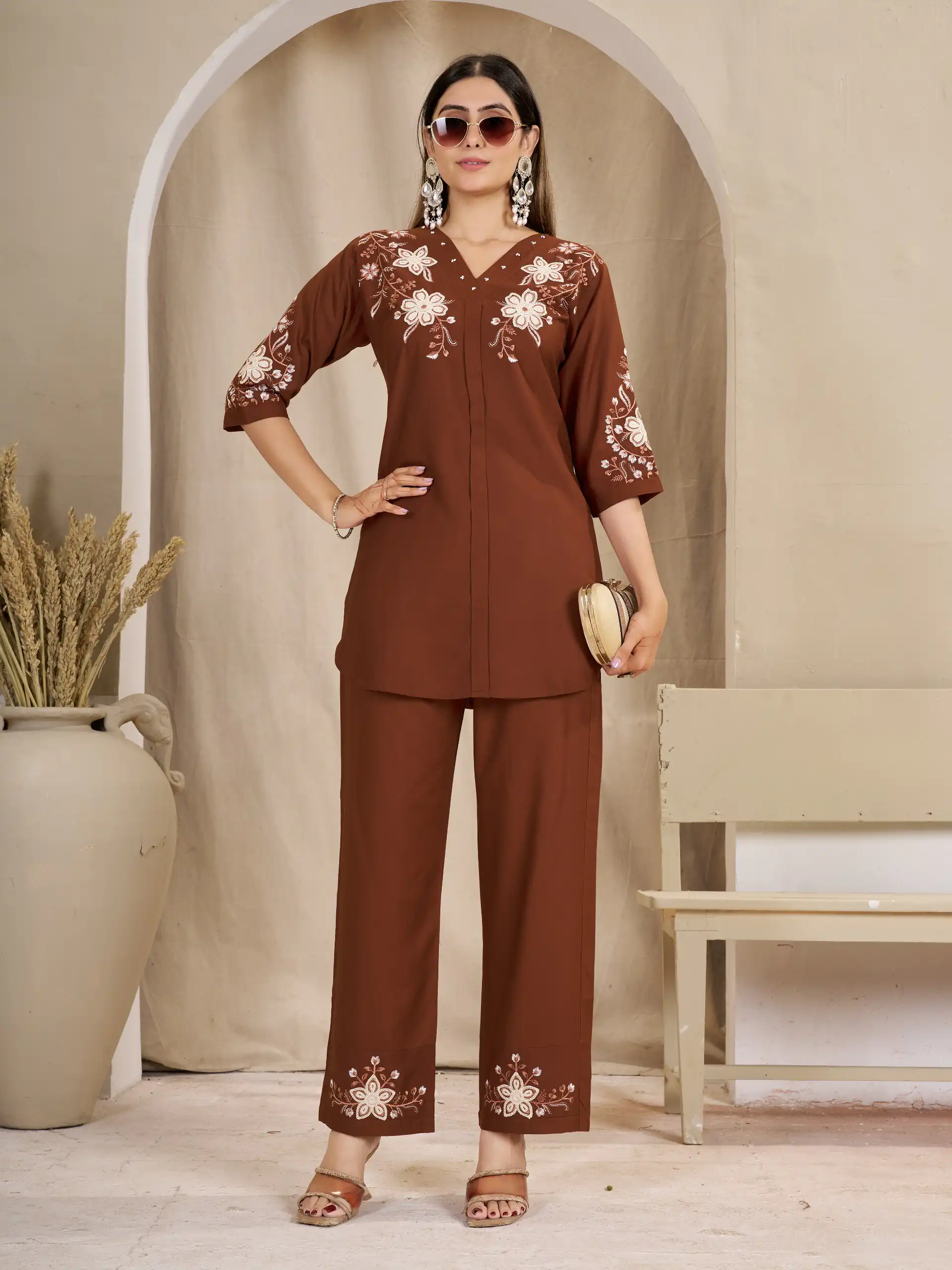 Stylist Rust Rayon Cotton Thread Work Kurti