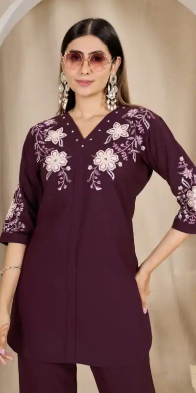 Alternative view of Stylist Wine Rayon Cotton Thread Work Kurti