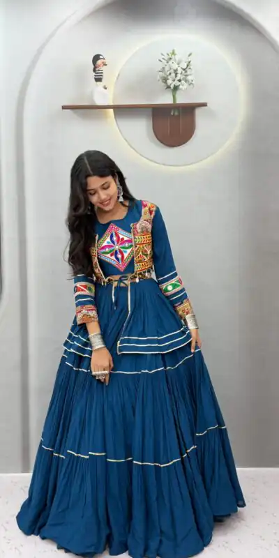 Alternative view of Super Teal Cotton Mirror Gamthi Work Lehenga Choli