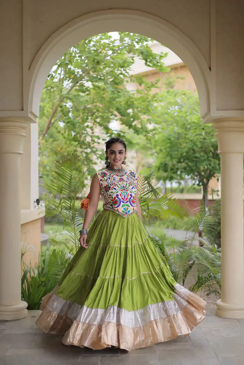 Trendy Pista Rayon Embroider Kutchi Work Lehenga Choli