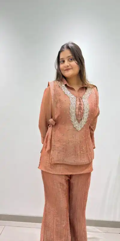 Alternative view of Unique Rust Salsa Silk Hand Work Kurti