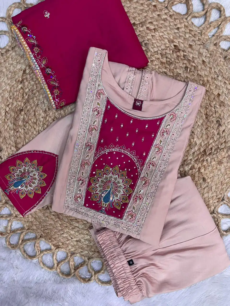 DIVA 150 Peach Roman Silk Salwar Suit with Sequins Work & Embroidery Work. Available at ₹2449 only. Delivery 4-6 Working Days. Shop now. | Jump Suits, Salwar suit, Casual Suits, Creative suits, Designer Suits, Palazzo Suits, Party Wear Suits, Patiala Suits, Straight Suits