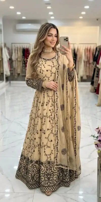 WW 1277 Cream Fox Perfect for Wedding, Party, Durga Puja, Diwali, Anniversary Georgette Gown. Now at just ₹2399. Delivery 4-6 Working Days. Shop now. | Gowns, Bollywood Gowns, Creative Gowns, Designer Gowns, Embroidered Gowns, Party Wear Gowns