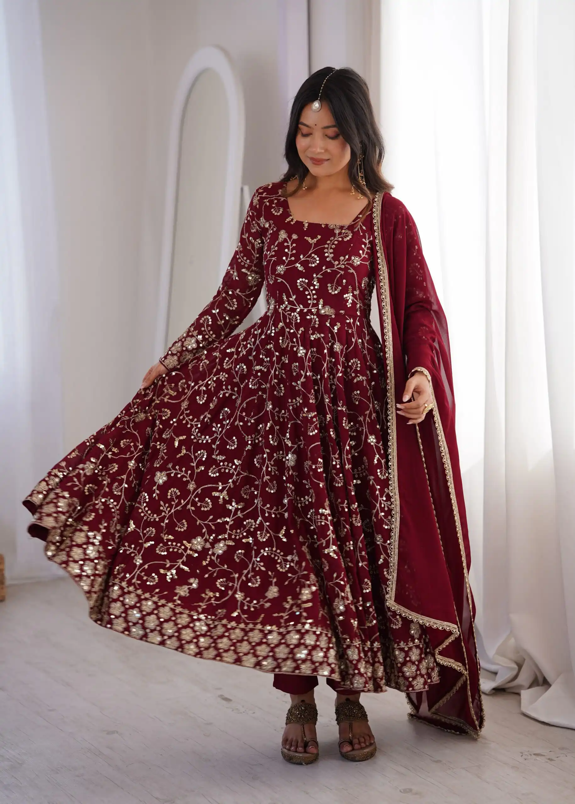 ZF 5024 Maroon Fox Perfect for Wedding, Party, Durga Puja, Diwali, Anniversary –Georgette Gown. Now at just ₹2399. Delivery 4-6 Working Days. Shop now. | Gowns, Bollywood Gowns, Creative Gowns, Designer Gowns, Embroidered Gowns, Party Wear Gowns