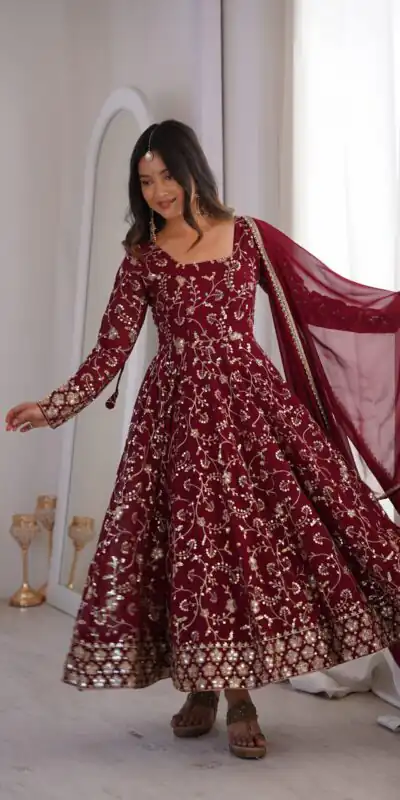 ZF 5024 Maroon Fox Perfect for Wedding, Party, Durga Puja, Diwali, Anniversary –Georgette Gown. Now at just ₹2399. Delivery 4-6 Working Days. Shop now. | Gowns, Bollywood Gowns, Creative Gowns, Designer Gowns, Embroidered Gowns, Party Wear Gowns