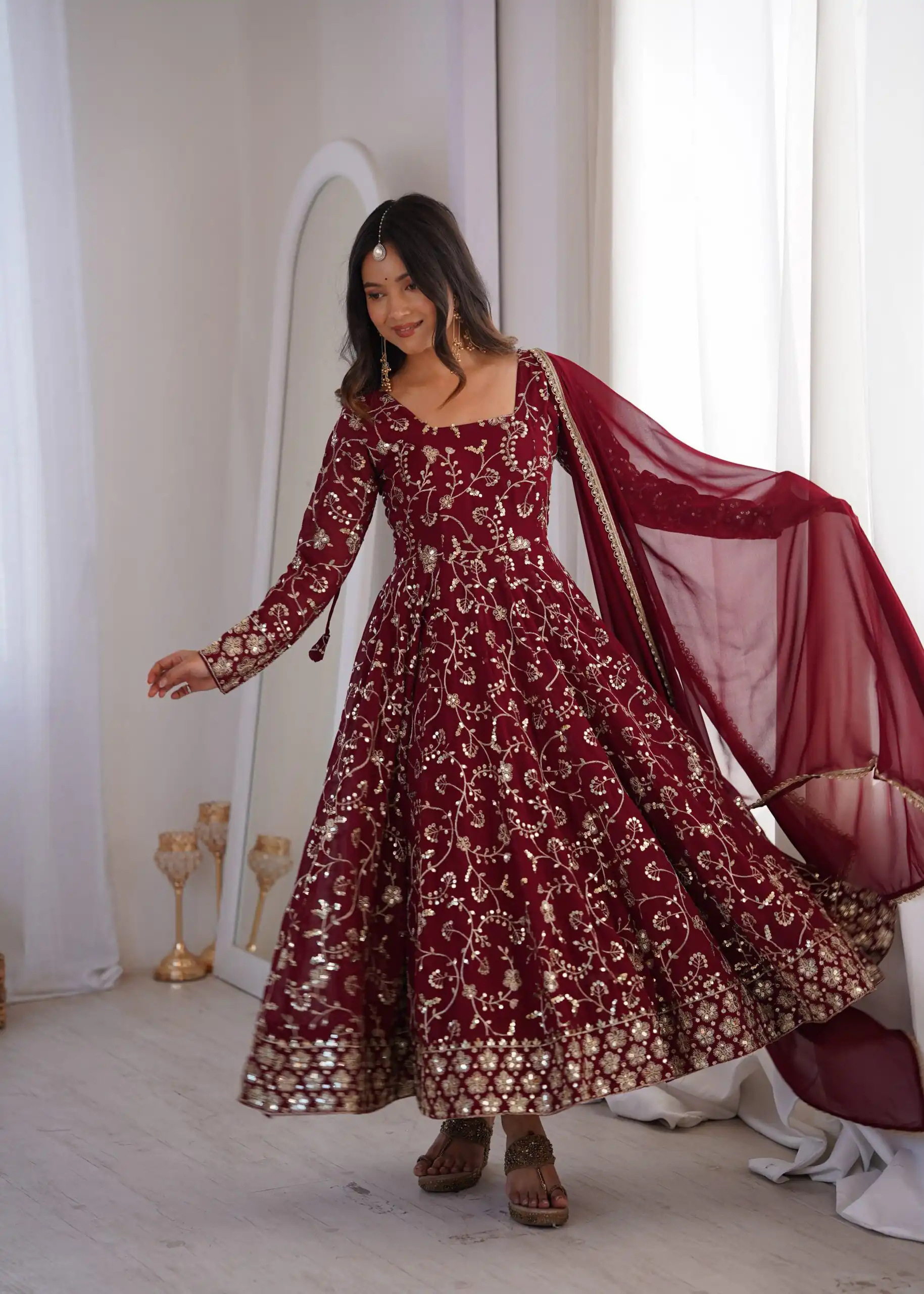 ZF 5024 Maroon Fox Perfect for Wedding, Party, Durga Puja, Diwali, Anniversary –Georgette Gown. Now at just ₹2399. Delivery 4-6 Working Days. Shop now. | Gowns, Bollywood Gowns, Creative Gowns, Designer Gowns, Embroidered Gowns, Party Wear Gowns