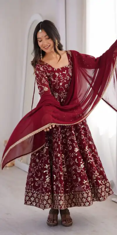 ZF 5024 Maroon Fox Perfect for Wedding, Party, Durga Puja, Diwali, Anniversary –Georgette Gown. Now at just ₹2399. Delivery 4-6 Working Days. Shop now. | Gowns, Bollywood Gowns, Creative Gowns, Designer Gowns, Embroidered Gowns, Party Wear Gowns