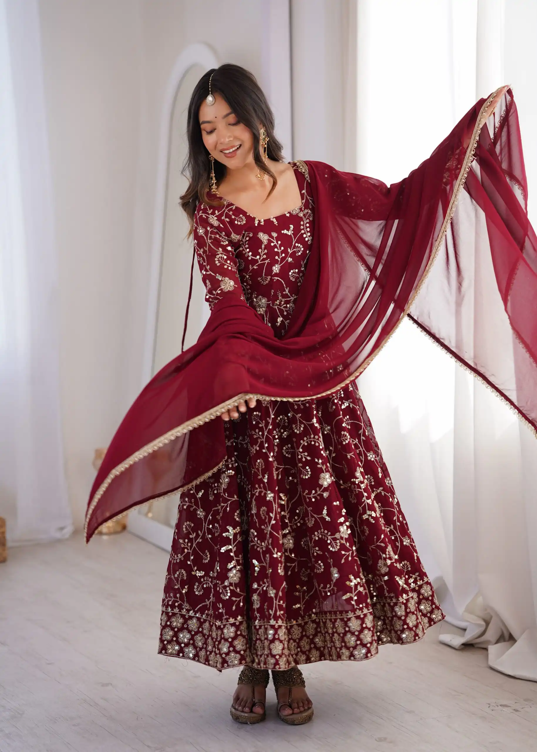 ZF 5024 Maroon Fox Perfect for Wedding, Party, Durga Puja, Diwali, Anniversary –Georgette Gown. Now at just ₹2399. Delivery 4-6 Working Days. Shop now. | Gowns, Bollywood Gowns, Creative Gowns, Designer Gowns, Embroidered Gowns, Party Wear Gowns