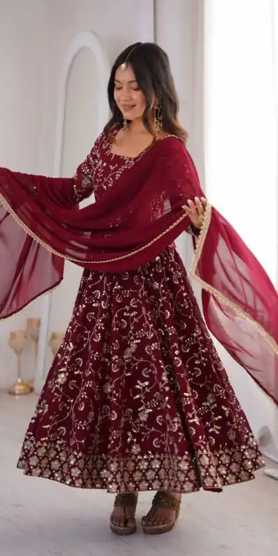 ZF 5024 Maroon Fox Perfect for Wedding, Party, Durga Puja, Diwali, Anniversary –Georgette Gown. Now at just ₹2399. Delivery 4-6 Working Days. Shop now. | Gowns, Bollywood Gowns, Creative Gowns, Designer Gowns, Embroidered Gowns, Party Wear Gowns