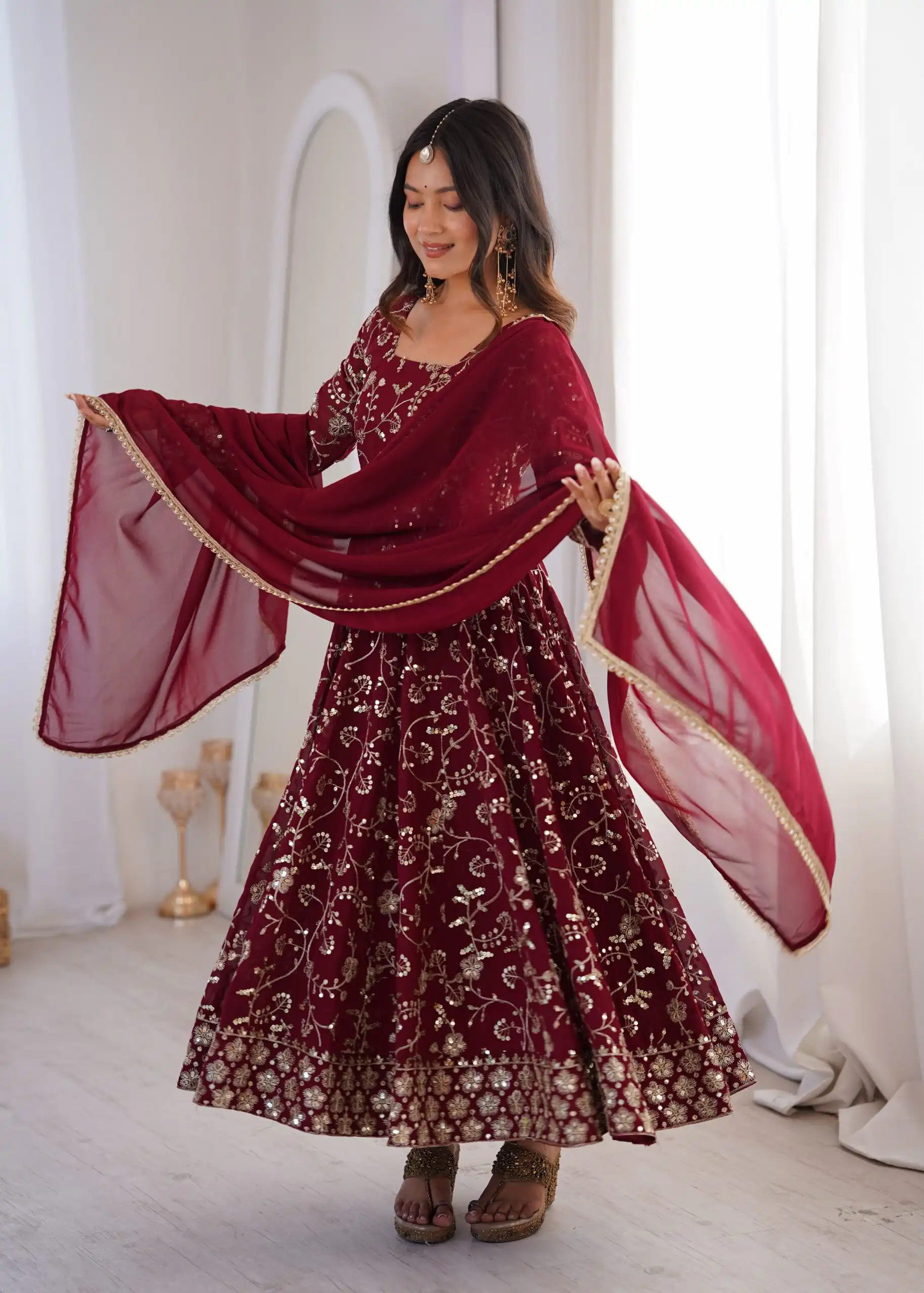 ZF 5024 Maroon Fox Perfect for Wedding, Party, Durga Puja, Diwali, Anniversary –Georgette Gown. Now at just ₹2399. Delivery 4-6 Working Days. Shop now. | Gowns, Bollywood Gowns, Creative Gowns, Designer Gowns, Embroidered Gowns, Party Wear Gowns