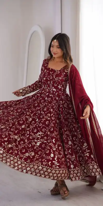 ZF 5024 Maroon Fox Perfect for Wedding, Party, Durga Puja, Diwali, Anniversary –Georgette Gown. Now at just ₹2399. Delivery 4-6 Working Days. Shop now. | Gowns, Bollywood Gowns, Creative Gowns, Designer Gowns, Embroidered Gowns, Party Wear Gowns
