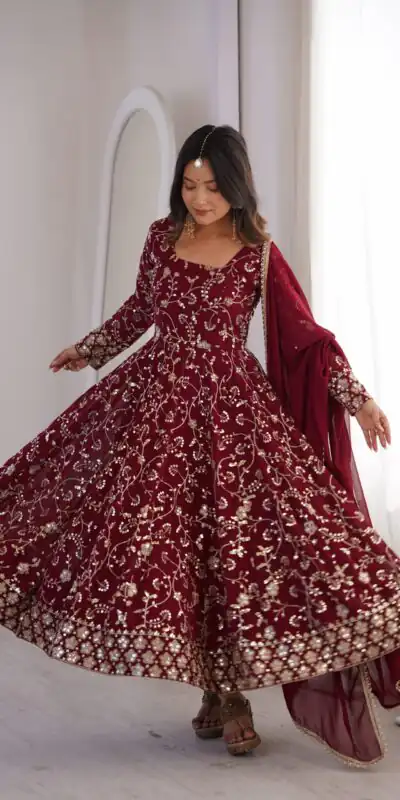 ZF 5024 Maroon Fox Perfect for Wedding, Party, Durga Puja, Diwali, Anniversary –Georgette Gown. Now at just ₹2399. Delivery 4-6 Working Days. Shop now. | Gowns, Bollywood Gowns, Creative Gowns, Designer Gowns, Embroidered Gowns, Party Wear Gowns