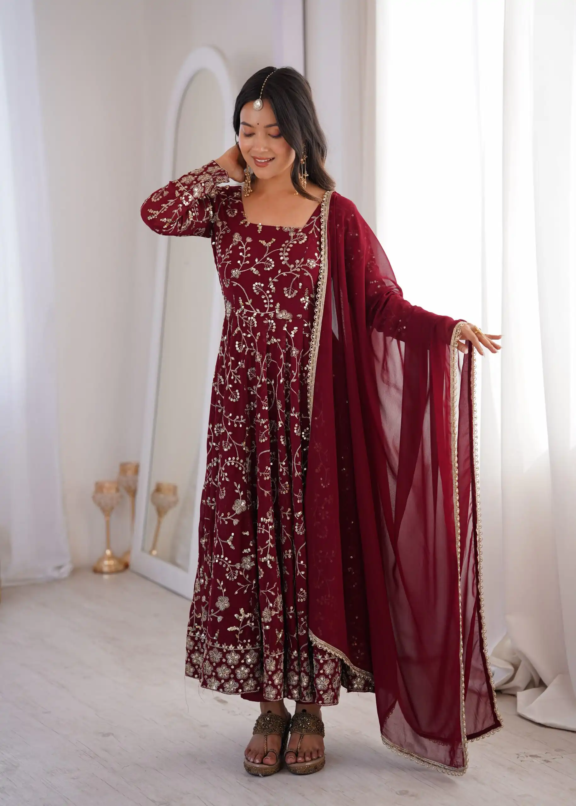 ZF 5024 Maroon Fox Perfect for Wedding, Party, Durga Puja, Diwali, Anniversary –Georgette Gown. Now at just ₹2399. Delivery 4-6 Working Days. Shop now. | Gowns, Bollywood Gowns, Creative Gowns, Designer Gowns, Embroidered Gowns, Party Wear Gowns