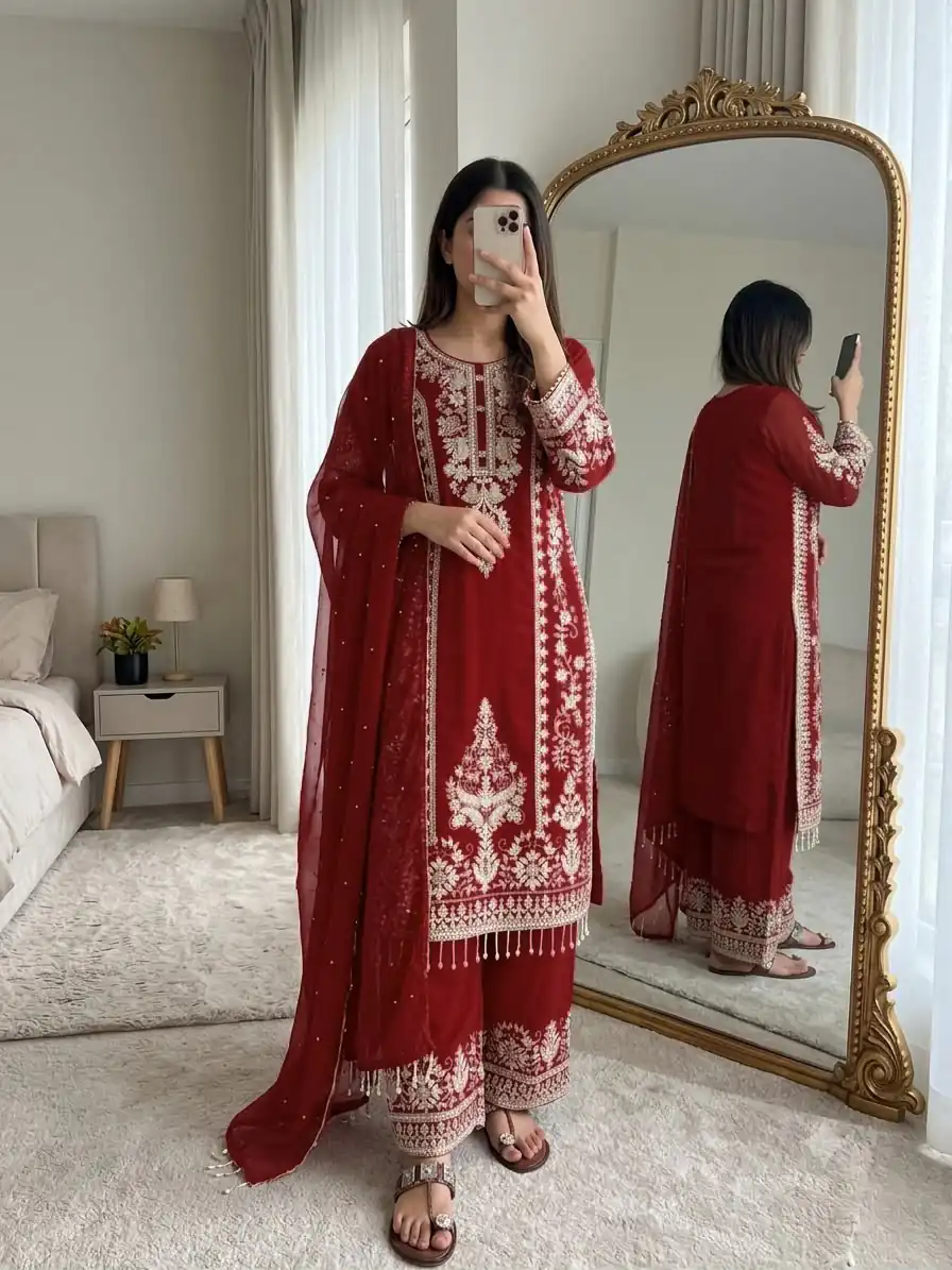 SRK 5365 Maroon Faux Georgette Salwar Suit erfect for Wedding, Party, Mehendi, Pongal, Reception – . Available at ₹2449 only. Delivery 4-6 Working Days | Jump Suits, Salwar suit, Casual Suits, Creative suits, Designer Suits, Palazzo Suits, Party Wear Suits, Patiala Suits, Straight Suits