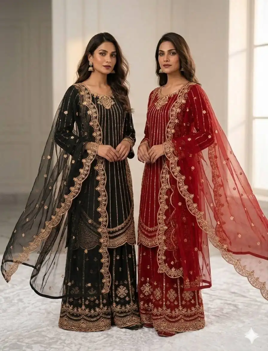 VLM 331 Red Faux Georgette Salwar Suit erfect for Wedding, Party, Mehendi, Pongal, Reception – . Available at ₹2449 only. Delivery 4-6 Working Days | Jump Suits, Salwar suit, Casual Suits, Creative suits, Designer Suits, Palazzo Suits, Party Wear Suits, Patiala Suits, Straight Suits