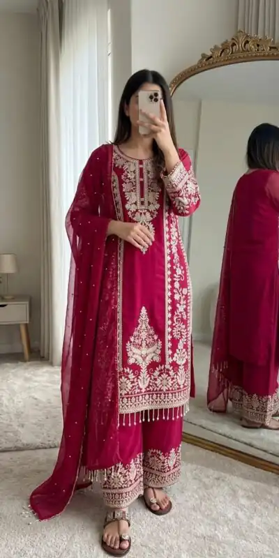 SRK 5365 Red Faux Georgette Salwar Suit erfect for Wedding, Party, Mehendi, Pongal, Reception – . Available at ₹2449 only. Delivery 4-6 Working Days | Jump Suits, Salwar suit, Casual Suits, Creative suits, Designer Suits, Palazzo Suits, Party Wear Suits, Patiala Suits, Straight Suits