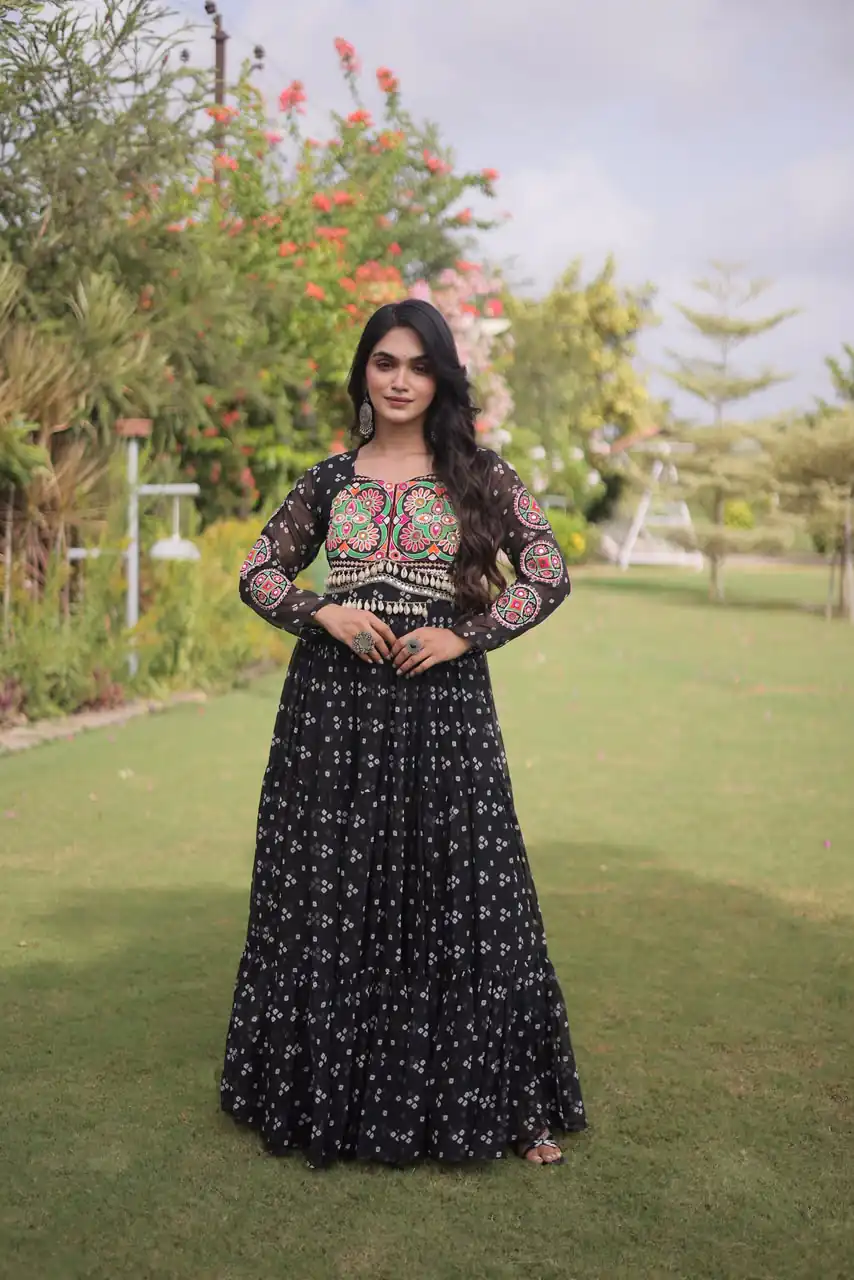 KA 1268 Black in Colour Faux Georgette Bandhani Print Work Gown. Available at ₹2119 only. Delivery 4-6 Working Days. Shop now. | Gowns, Bollywood Gowns, Creative Gowns, Designer Gowns, Embroidered Gowns, Party Wear Gowns