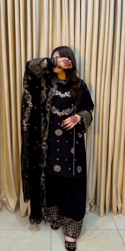 ST 251 Black Faux Georgette Salwar Suit with Mirror Work & Embroidery Work. Get it for ₹2349. Delivery 4-6 Working Days. Shop now. | Jump Suits, Salwar suit, Casual Suits, Creative suits, Designer Suits, Palazzo Suits, Party Wear Suits, Patiala Suits, Straight Suits