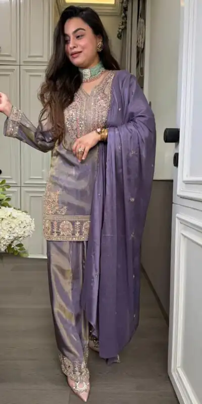 SRK 5367 Lavender Embroidery Work & Sequins Work Salwar Suit in Peach Ronald Silk. Get it for ₹2349. Delivery 4-6 Working Days. Shop now. | Jump Suits, Salwar suit, Casual Suits, Creative suits, Designer Suits, Palazzo Suits, Party Wear Suits, Patiala Suits, Straight Suits