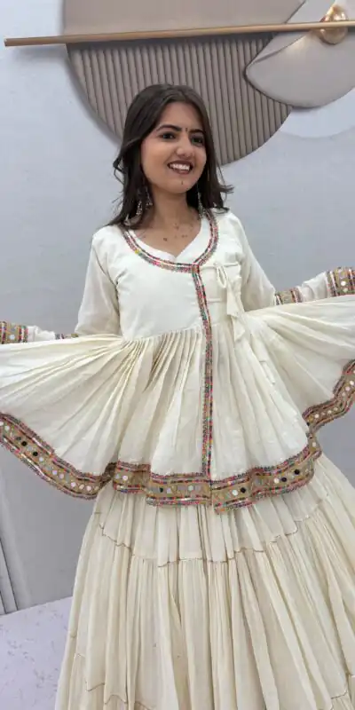 PC 596 Off White in Pure Cotton Mirror Work & Gamthi Work Lehenga Choli . Exclusive Offer ₹2999. Delivery 4-6 Working Days. Shop now. | Lehenga, Bollywood Lehenga, Creative Lehenga, Designer Lehenga, Embroidered Lehenga, Party Wear Lehenga