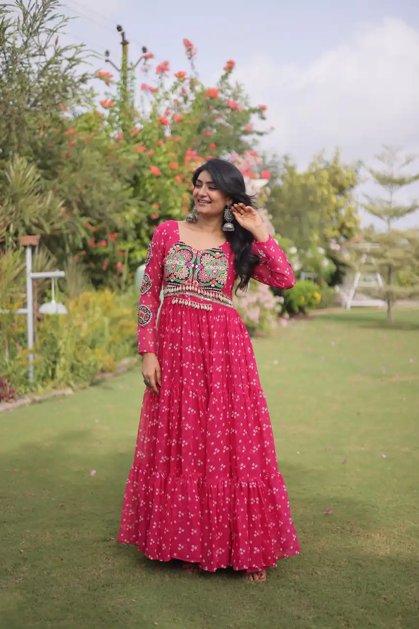 KA 1268 Pink in Colour Faux Georgette Bandhani Print Work Gown. Available at ₹2119 only. Delivery 4-6 Working Days. Shop now. | Gowns, Bollywood Gowns, Creative Gowns, Designer Gowns, Embroidered Gowns, Party Wear Gowns