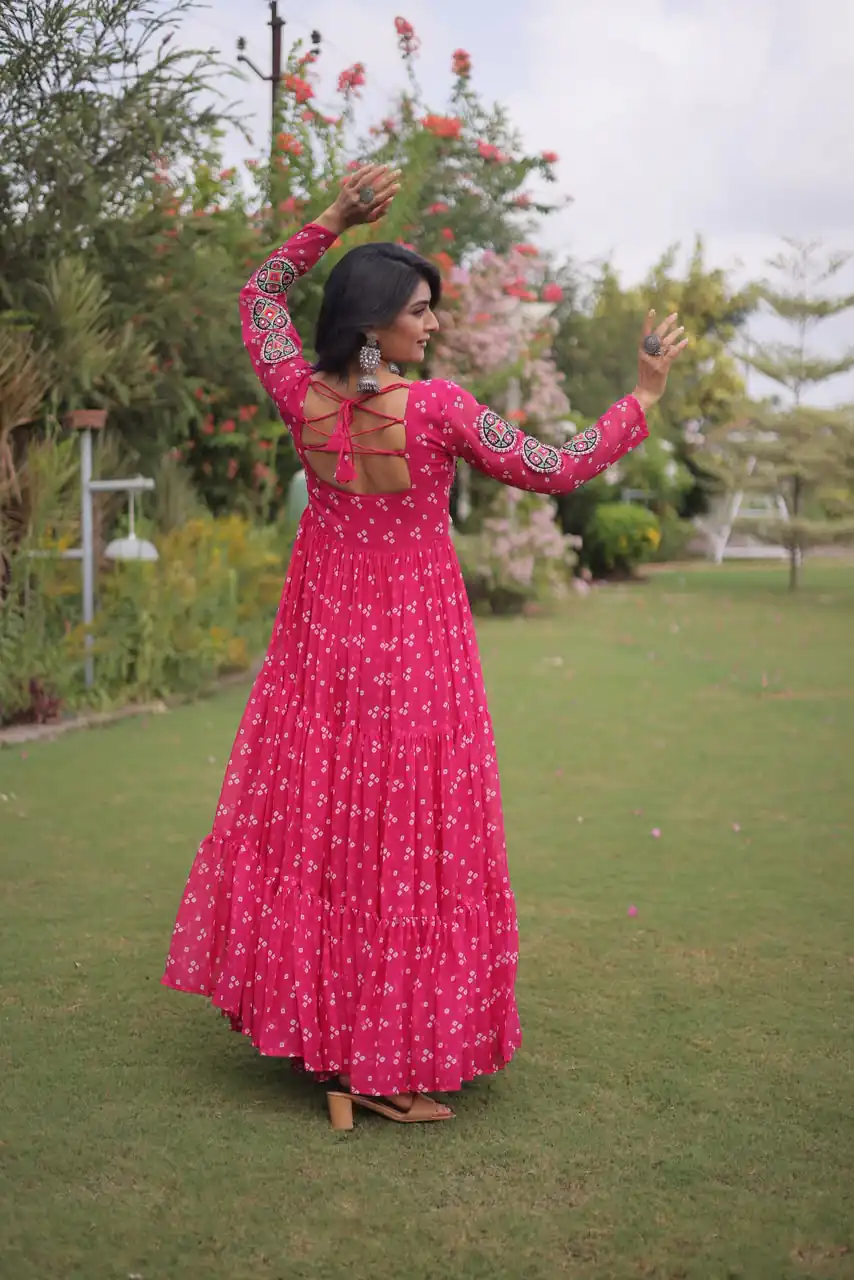 KA 1268 Pink in Colour Faux Georgette Bandhani Print Work Gown. Available at ₹2119 only. Delivery 4-6 Working Days. Shop now. | Gowns, Bollywood Gowns, Creative Gowns, Designer Gowns, Embroidered Gowns, Party Wear Gowns