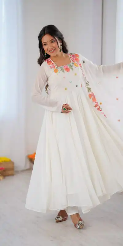 NSR 901 White Faux Georgette Salwar Suit with Lace Work & Embroidery Work. Introductory Price ₹2099. Delivery 4-6 Working Days. Shop now. | Jump Suits, Salwar suit, Casual Suits, Creative suits, Designer Suits, Palazzo Suits, Party Wear Suits, Patiala Suits, Straight Suits