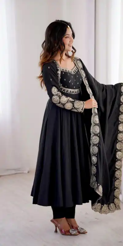ZF 5026 Black Colour Roman Silk Salwar Suit with Embroidery Work. Best Price ₹2399. Delivery 4-6 Working Days. Online Shop now. | Anarkali Suits, Bollywood Anarkali, Creative-Anarkali, Designer Anarkali, Embroidered Anarkali, Party Wear Anarkali