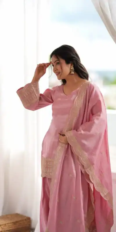 KB 304 Pink in Glass Roman Silk. Sequins Work & Embroidery Work Salwar Suit Festive Deal ₹1999. Delivery 4-6 Working Days. Shop now. | Jump Suits, Salwar suit, Casual Suits, Creative suits, Designer Suits, Palazzo Suits, Party Wear Suits, Patiala Suits, Straight Suits