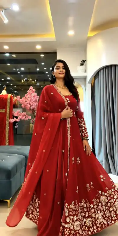 SSR 548 Red Fendy Silk Gown with Sequins Work & Thread Embroidery. Now at just ₹2399. Delivery 4-6 Working Days. Shop now. | Gowns, Bollywood Gowns, Creative Gowns, Designer Gowns, Embroidered Gowns, Party Wear Gowns