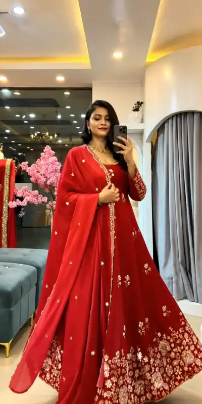 SSR 548 Red Fendy Silk Gown with Sequins Work & Thread Embroidery. Now at just ₹2399. Delivery 4-6 Working Days. Shop now. | Gowns, Bollywood Gowns, Creative Gowns, Designer Gowns, Embroidered Gowns, Party Wear Gowns