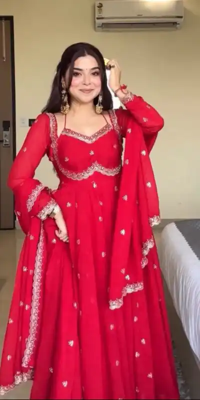 NSR 874 Red Georgette Thread With Sequence Gown Perfect for Wedding, Party, Reception, Holi, Eid . Available at ₹1799 only. Delivery 4-6 Working Days. | Gowns, Bollywood Gowns, Creative Gowns, Designer Gowns, Embroidered Gowns, Party Wear Gowns
